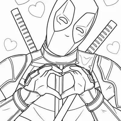 Desenho de contorno do herói Deadpool fazendo o símbolo de um coração com as mãos na frente do peito, cercado por cinco corações pequenos.