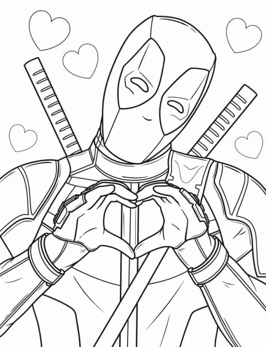 Desenho de contorno do herói Deadpool fazendo o símbolo de um coração com as mãos na frente do peito, cercado por cinco corações pequenos.