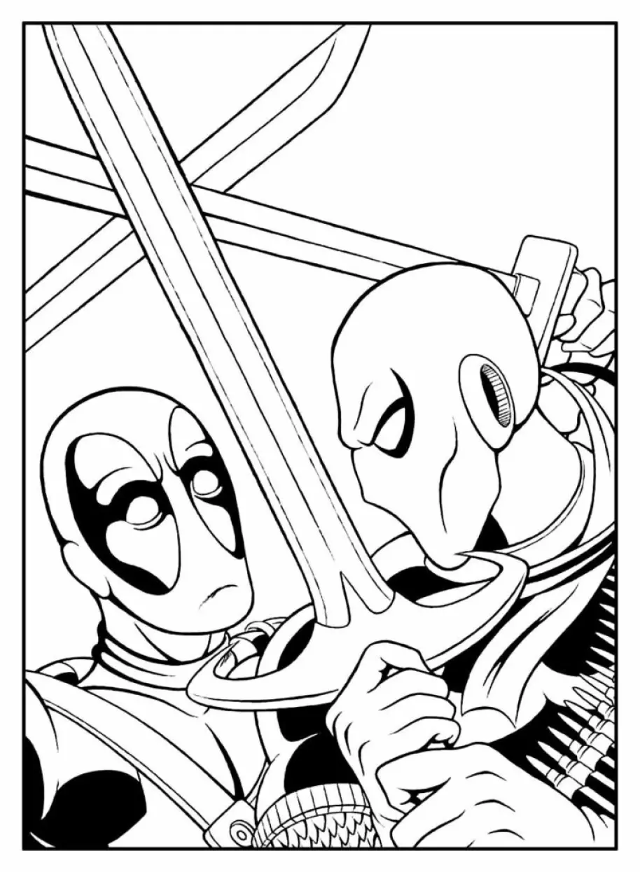 Desenho de contorno em close do Deadpool cruzando espadas com outro personagem mascarado que usa um colar de munição.
