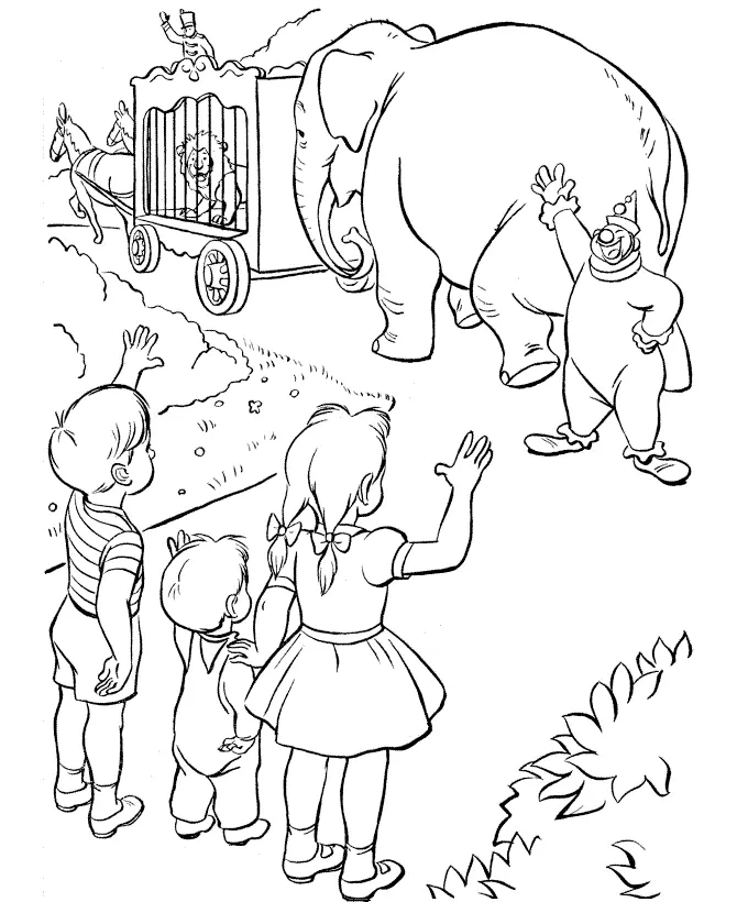 Desenho de contorno mostrando três crianças acenando para um desfile de circo com um palhaço, um elefante e uma carruagem com um leão ao fundo.