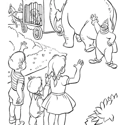 Desenho de contorno de três crianças acenando para um desfile de circo com um palhaço, um elefante grande e uma carruagem com um leão.