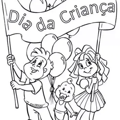 Desenho de contorno para colorir de um menino e uma menina segurando uma grande faixa escrita 