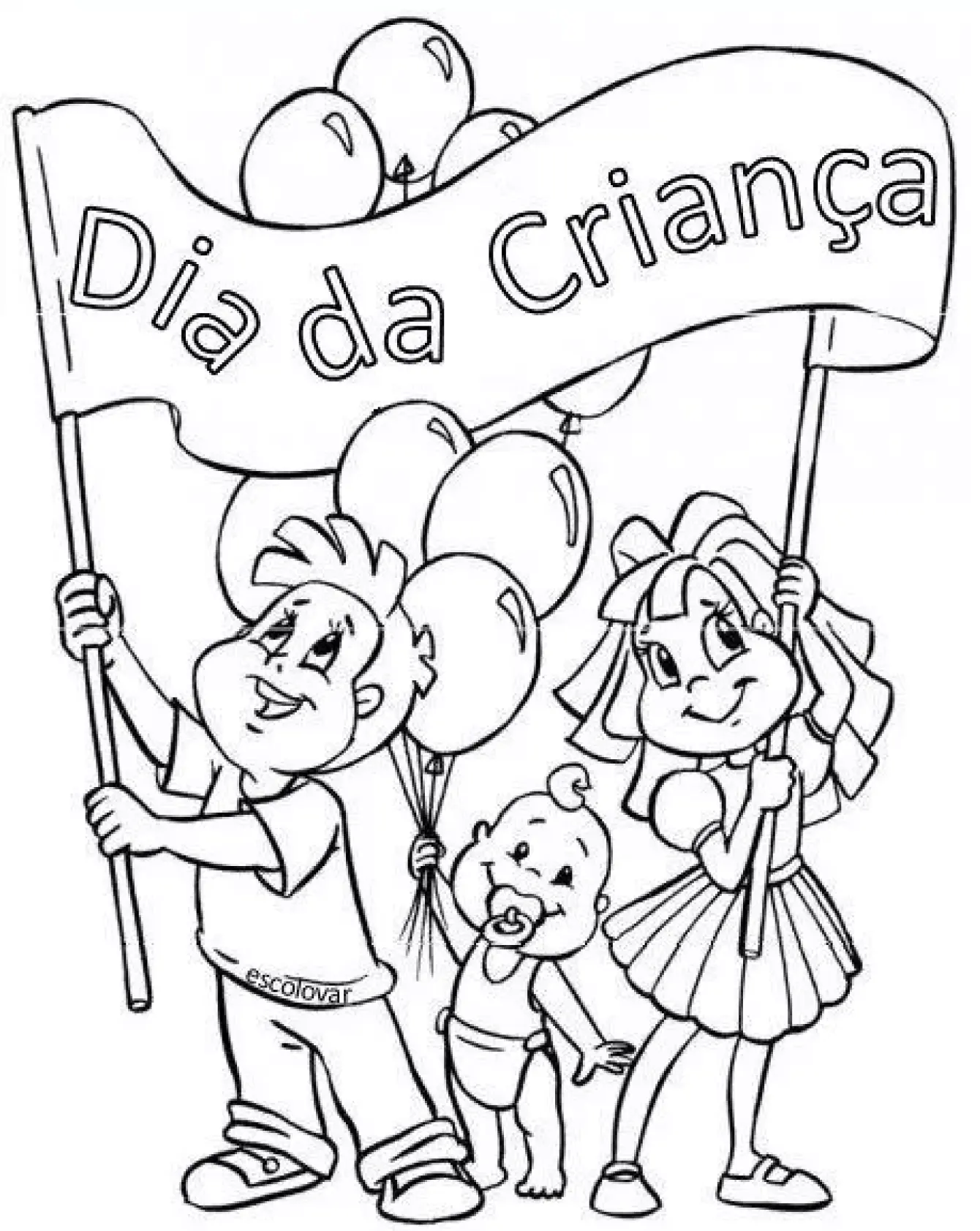 Desenho de contorno para colorir de um menino e uma menina segurando uma grande faixa escrita "Dia da Criança", com um bebê no centro segurando vários balões.