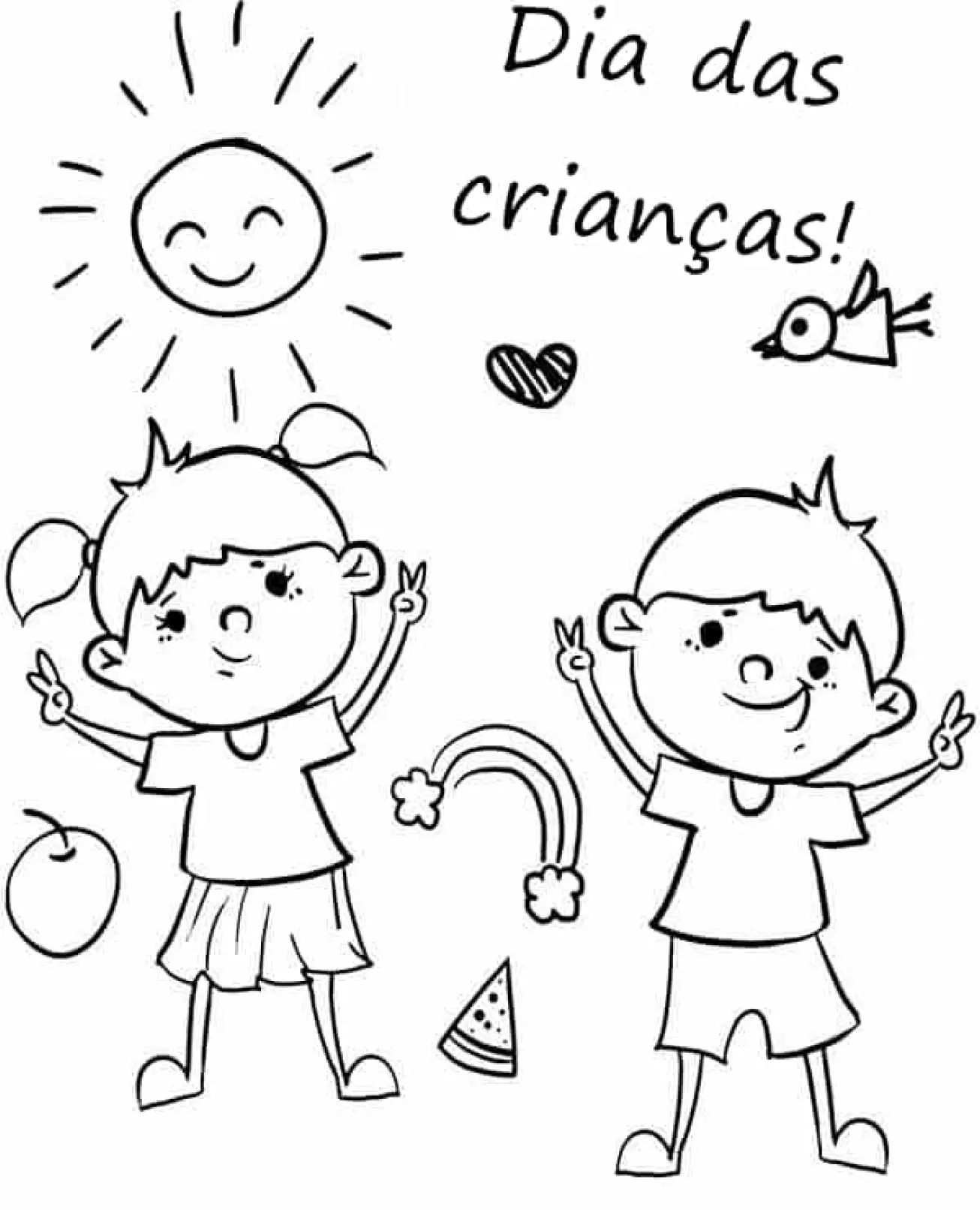 Desenho de contorno de um menino e uma menina com as mãos para o alto fazendo sinal de paz, acompanhados de um sol com rosto, um mini arco-íris e frutas.