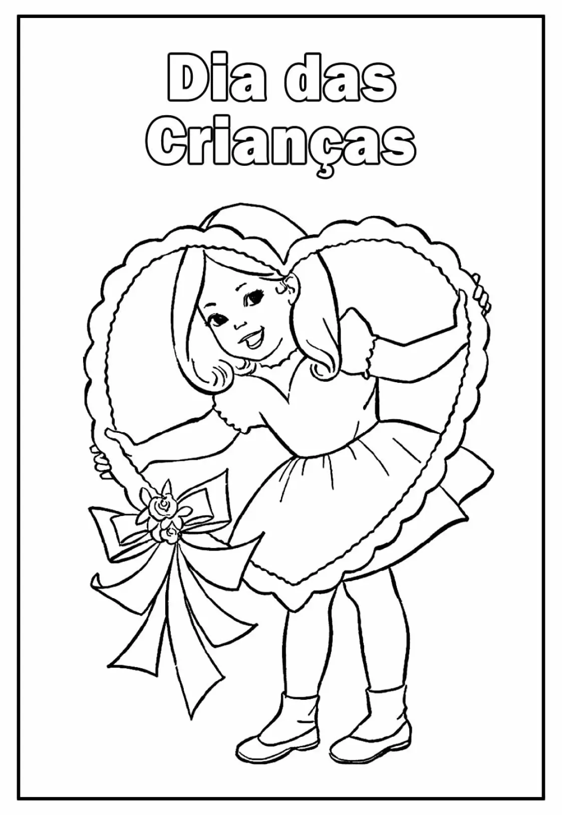 Desenho de contorno para colorir de uma menina sorridente segurando uma moldura grande de coração com babados e um laço com flores na ponta. Texto "Dia das Crianças" no topo.