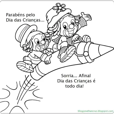Desenho de contorno de dois palhaços pequenos sentados em um foguete espacial que está decolando, com as frases 
