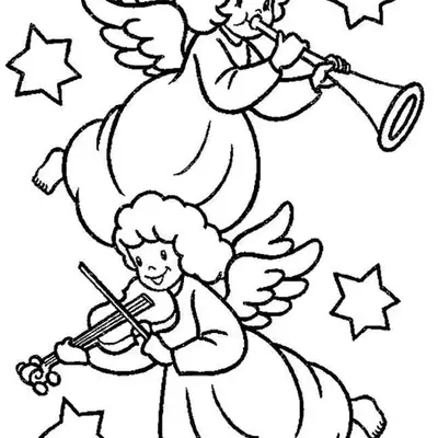Desenho de Dupla de Anjos Músicos Tocando Trombeta e Violino entre Estrelas
