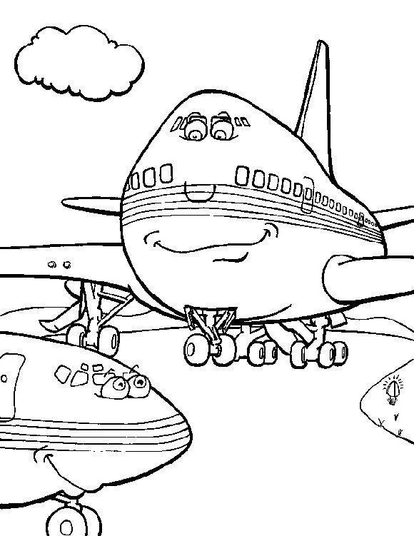 Desenho de dois aviões a jato, sendo um grande (Jumbo) e um pequeno, ambos em estilo cartoon, com faces sorrindo, olhos esbugalhados e trem de pouso estendido, parados no pátio do aeroporto.