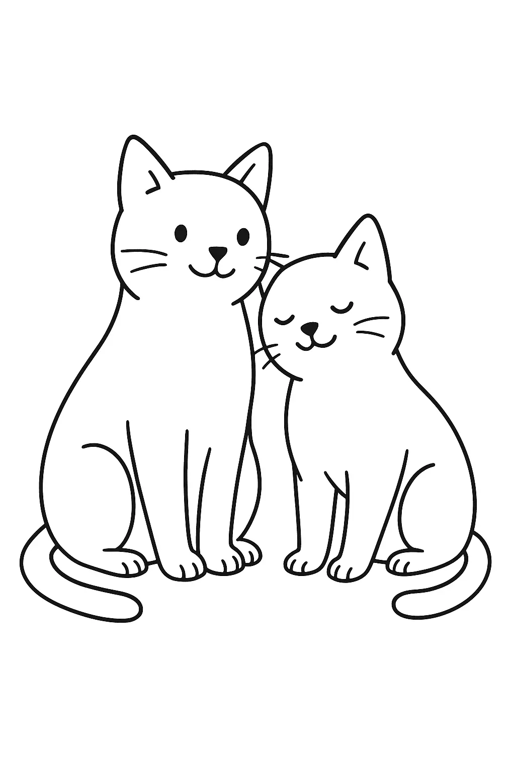 Desenho de contorno de dois gatos sentados; o gato maior à esquerda está de olhos abertos e sorrindo, enquanto o menor à direita encosta a cabeça e fecha os olhos.