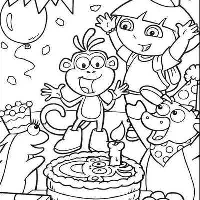 Desenho de contorno da Dora Aventureira e o macaco Botas comemorando com um bolo, presentes e um balão, com a escrita 