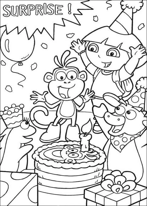 Desenho de contorno da Dora Aventureira e o macaco Botas comemorando com um bolo, presentes e um balão, com a escrita "SURPRISE!".