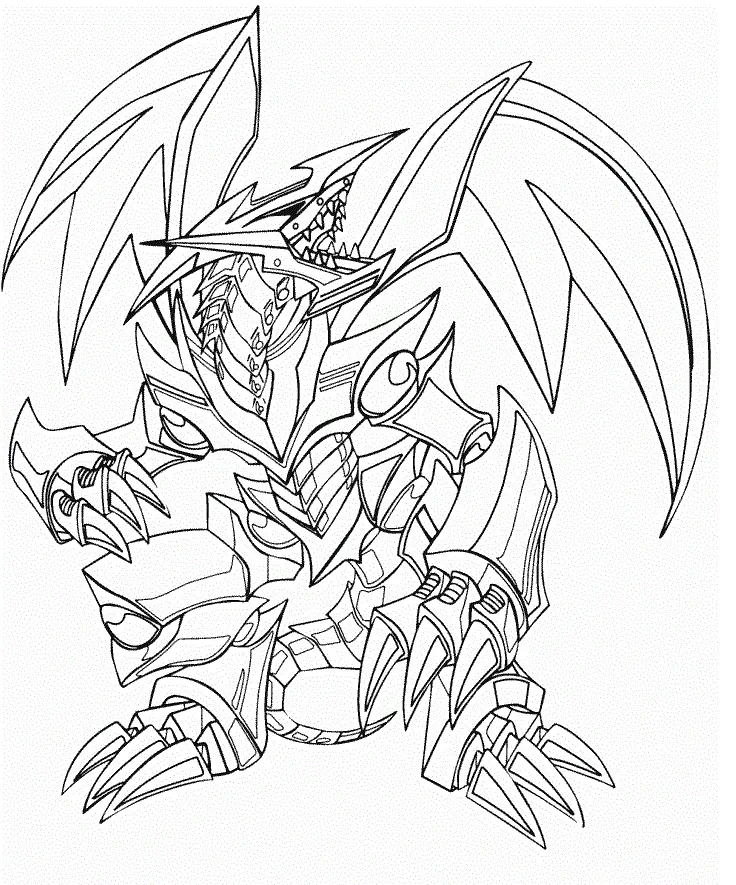 Desenho de contorno em preto e branco do Dragão Branco de Olhos Azuis de Yu-Gi-Oh!, mostrando sua armadura corporal, asas grandes e boca aberta.