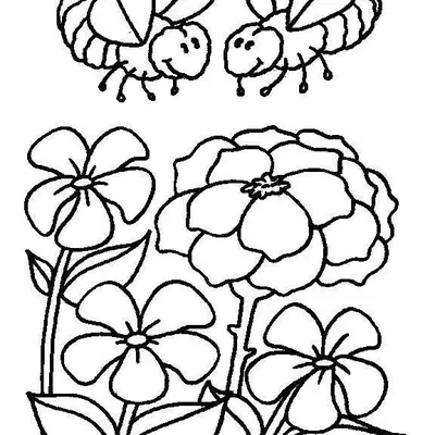 Desenho de contorno de duas abelhas cartoon sorridentes voando sobre quatro flores grandes com folhas em um jardim.