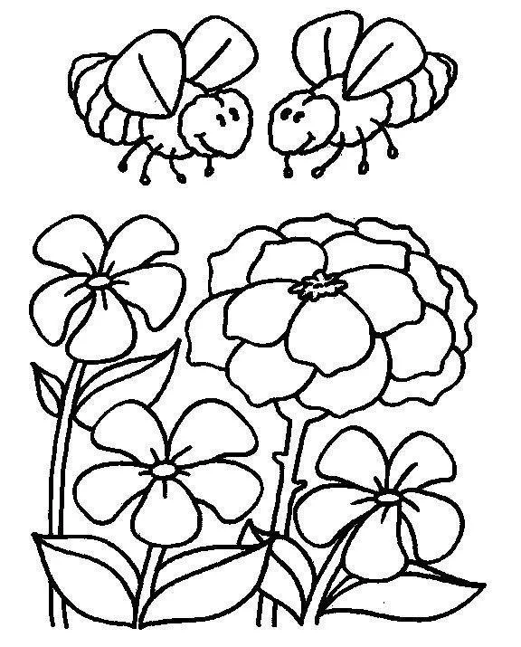 Desenho de contorno de duas abelhas cartoon sorridentes voando sobre quatro flores grandes com folhas em um jardim.