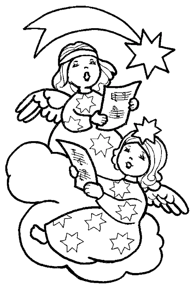 Desenho de contorno em preto e branco, estilo cartoon, de duas anjas crianças (uma sentada e outra flutuando) nas nuvens. Ambas estão com a boca aberta, segurando partituras musicais e vestindo túnicas decoradas com estrelas. Uma estrela cadente está no canto superior.