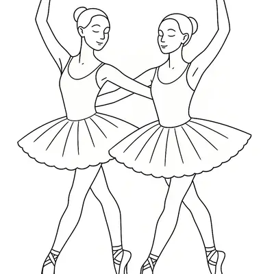 Desenho de contorno em preto e branco de duas bailarinas em pose de dança, com os braços erguidos, vestindo collants, saias tutu volumosas e sapatilhas de ponta.