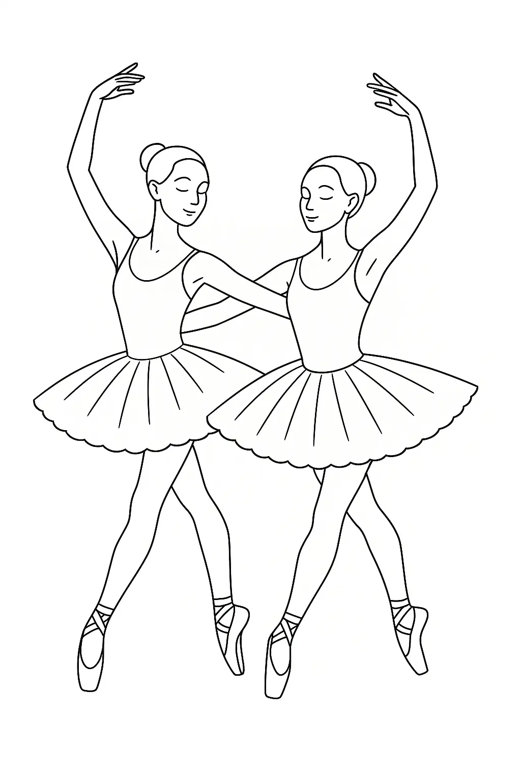 Desenho de contorno em preto e branco de duas bailarinas em pose de dança, com os braços erguidos, vestindo collants, saias tutu volumosas e sapatilhas de ponta.