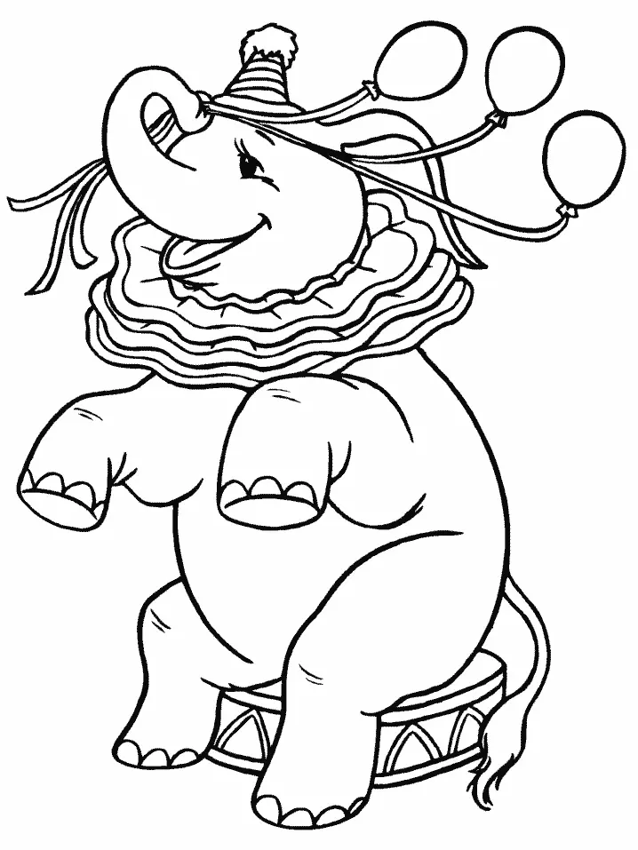 Desenho de contorno de um elefante bebê sentado em um pedestal de circo, usando um chapéu de festa e uma gola grande de babados, segurando fios de balões com a trompa.