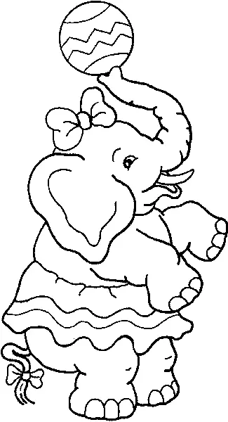 Desenho de contorno de uma elefante fofa usando saia de bailarina, lacinho na cabeça e na cauda, equilibrando uma bola com estampa de zigue-zague.