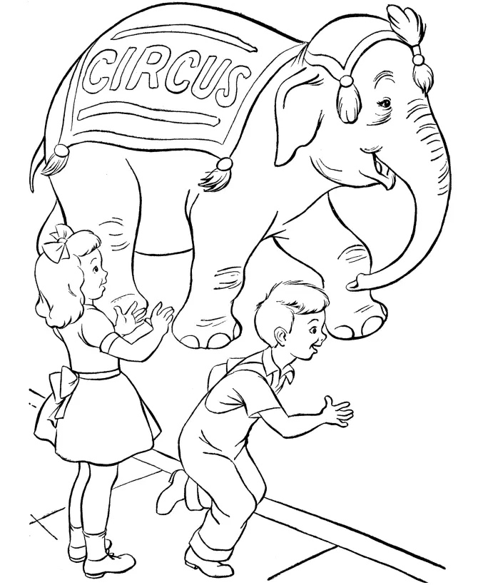 Desenho de contorno de um elefante sorridente com um manto escrito "CIRCUS" e um enfeite na cabeça, interagindo com um menino e uma menina.
