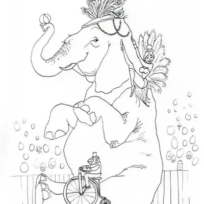Desenho de contorno de um elefante sentado com enfeite de penas, um macaco em um triciclo à frente e uma acrobata posando em suas costas.