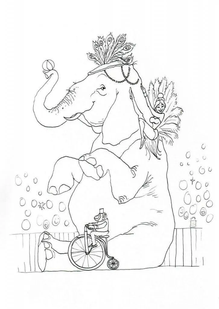 Desenho de contorno de um elefante sentado com cocar de penas de pavão, uma acrobata com asas de penas em suas costas e um macaco andando de monociclo à frente.