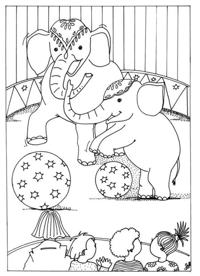 Desenho de contorno de dois elefantes usando enfeites na cabeça, brincando com bolas grandes com estrelas diante de uma plateia de crianças.