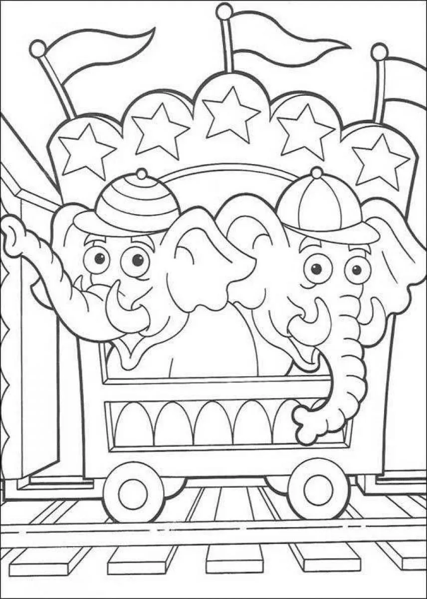 Desenho de contorno de dois elefantes usando bonés, dentro de um vagão de trem com estrelas e bandeiras sobre trilhos.