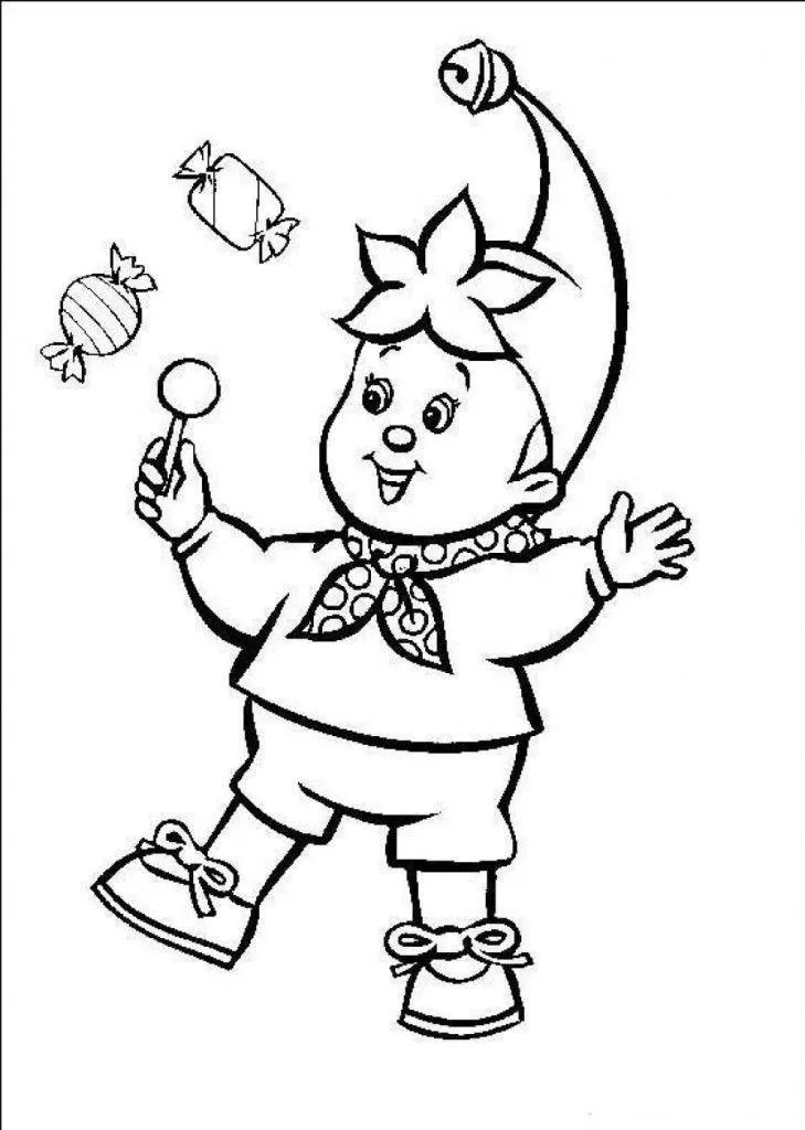 Desenho de contorno de um elfo sorridente com chapéu de ponta e guizo, segurando um pirulito e rodeado por balas voadoras.