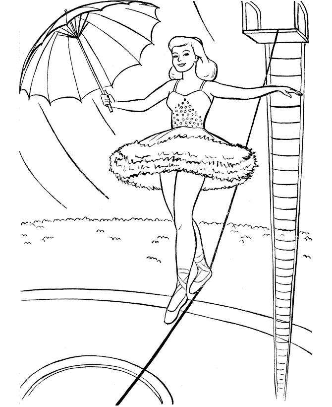 Desenho de contorno de uma equilibrista de circo em sapatilhas de ponta, caminhando sobre uma corda bamba enquanto segura um guarda-chuva aberto para equilíbrio.