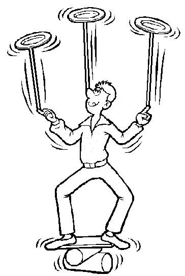 Desenho de contorno de um homem sorridente equilibrando três pratos em varetas (duas nas mãos e uma no nariz) enquanto se equilibra em uma prancha sobre rolos.