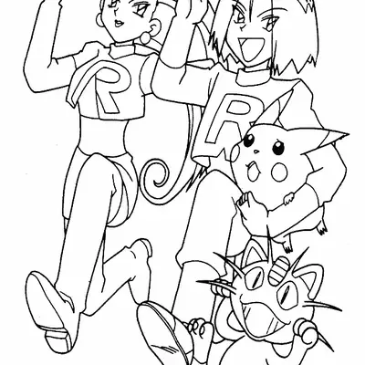 Desenho da Equipe Rocket (Jessie, James e Meowth) com Pikachu