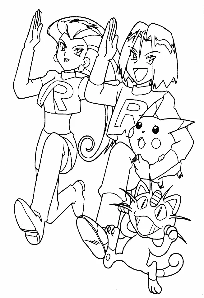 Desenho de contorno em preto e branco de Jessie e James correndo e acenando, com James segurando o Pikachu nos braços e Meowth correndo à frente.