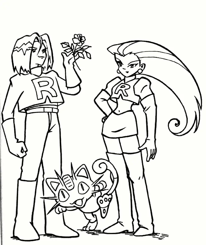 Desenho de contorno em preto e branco da Equipe Rocket; James à esquerda segurando uma rosa, Jessie à direita com a mão na cintura e Meowth ao centro.