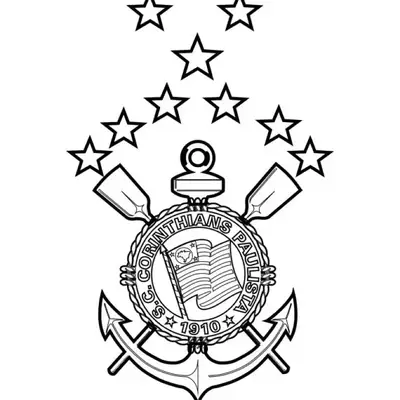 Desenho de contorno do escudo do Corinthians com cinco estrelas no topo, incluindo remos, âncora e a bandeira central.