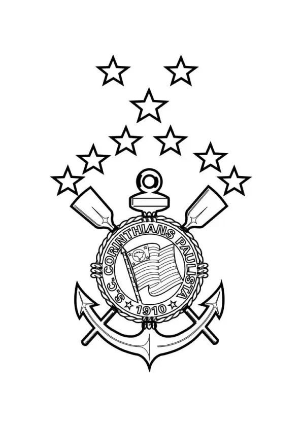 Desenho de contorno do escudo do Corinthians com cinco estrelas no topo, incluindo remos, âncora e a bandeira central.