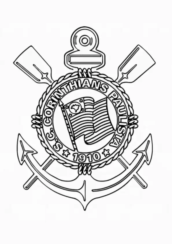 Desenho de contorno do escudo oficial do Corinthians, mostrando os remos cruzados, a âncora e a bandeira do estado de São Paulo no centro.