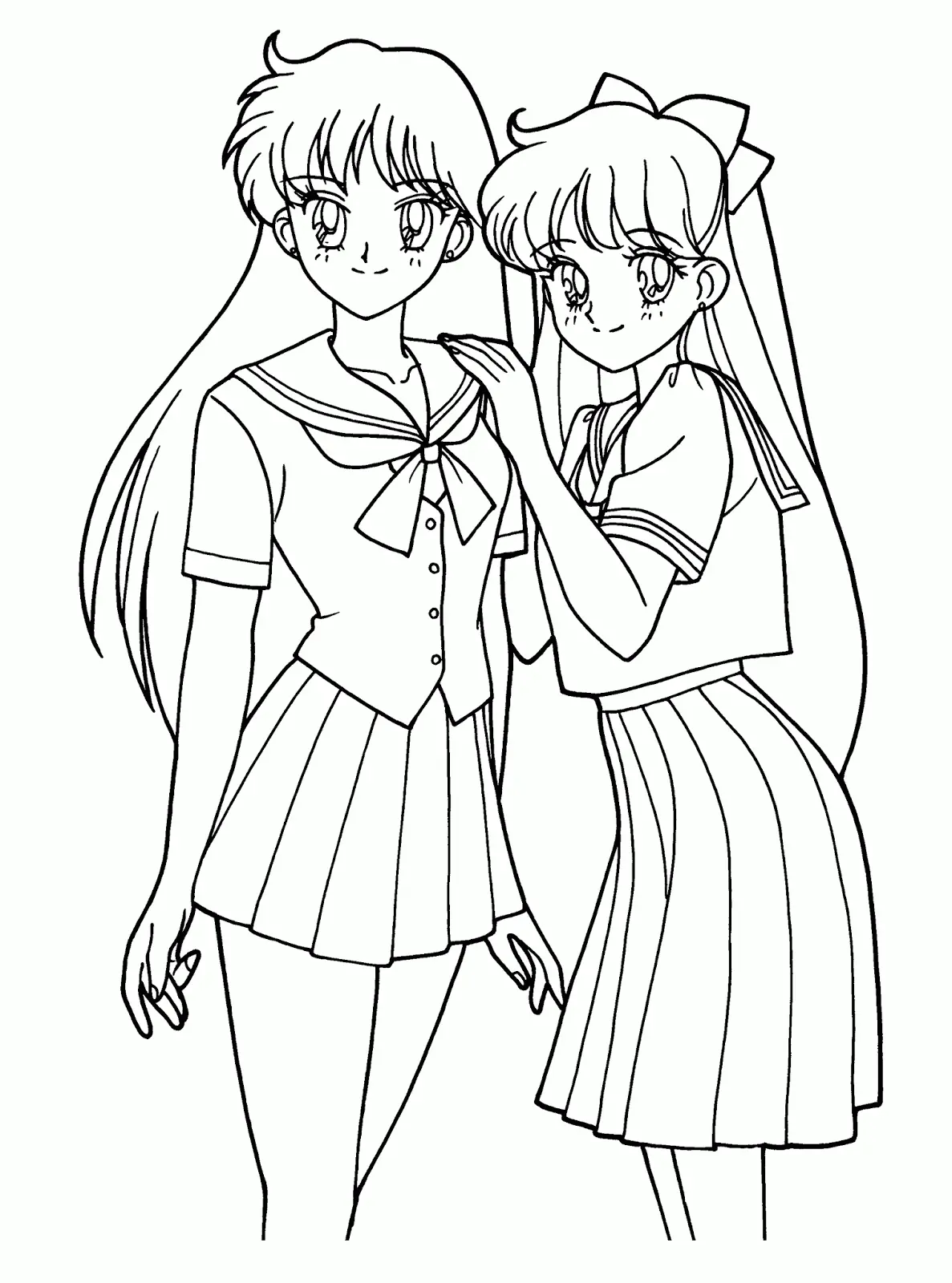 Desenho de contorno em preto e branco de duas garotas anime com uniformes escolares, saias plissadas e laços, em estilo clássico dos anos 90.