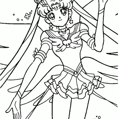 Desenho de contorno em preto e branco da Eternal Sailor Moon com asas angelicais, uniforme detalhado e flores flutuantes ao fundo.