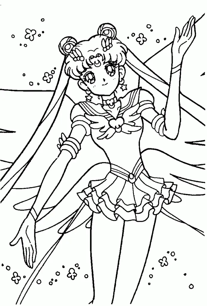 Desenho de contorno em preto e branco da Eternal Sailor Moon com asas angelicais, uniforme detalhado e flores flutuantes ao fundo.