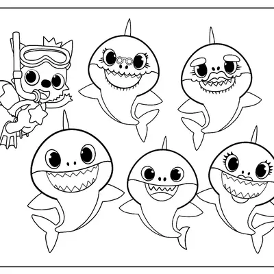 Desenho de contorno em preto e branco com seis personagens: Pinkfong usando máscara de mergulho e nadadeiras à esquerda, e cinco tubarões (Baby, Mommy, Daddy, Grandma e Grandpa Shark) à direita.
