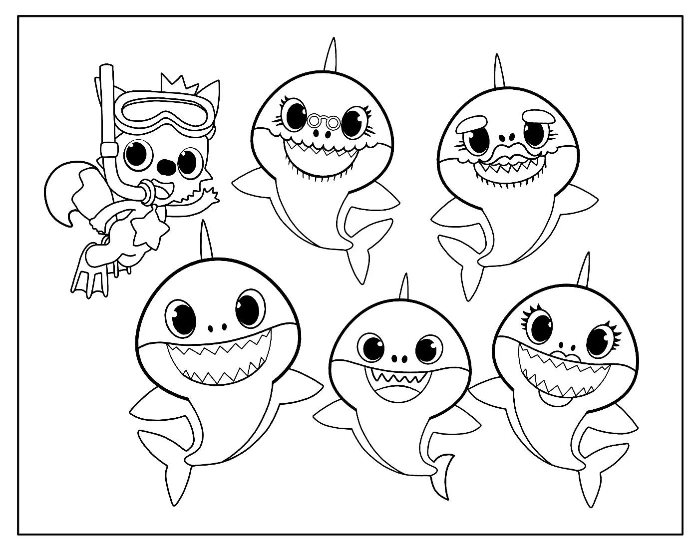 Desenho de contorno em preto e branco com seis personagens: Pinkfong usando máscara de mergulho e nadadeiras à esquerda, e cinco tubarões (Baby, Mommy, Daddy, Grandma e Grandpa Shark) à direita.