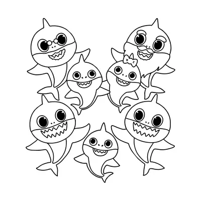 Desenho de contorno em preto e branco com sete tubarões da família Baby Shark dispostos em círculo, incluindo Grandma Shark com óculos e Grandpa Shark com bigode.