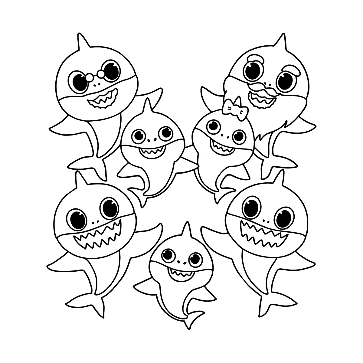 Desenho de contorno em preto e branco com sete tubarões da família Baby Shark dispostos em círculo, incluindo Grandma Shark com óculos e Grandpa Shark com bigode.