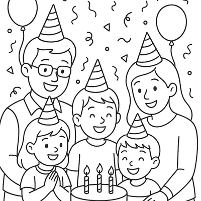 Desenho de contorno de uma família (pai, mãe e três filhos) usando chapéus de festa, com um bolo de três velas e decoração de bandeirinhas.