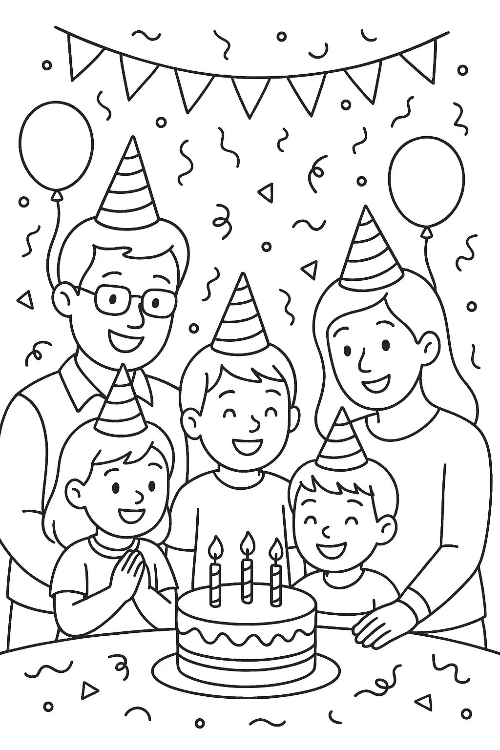 Desenho de contorno de uma família (pai, mãe e três filhos) usando chapéus de festa, com um bolo de três velas e decoração de bandeirinhas.