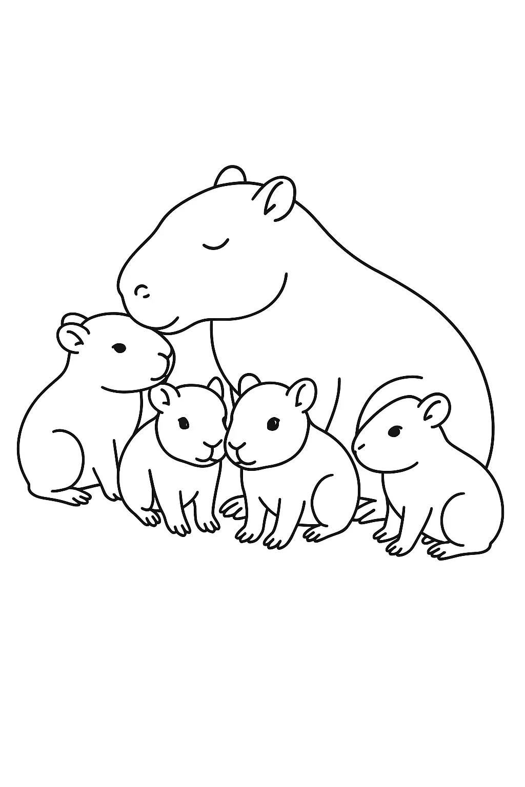 Desenho de contorno preto e branco de uma capivara adulta sentada ao lado de quatro capivaras filhotes menores, todos em traços simples para colorir.