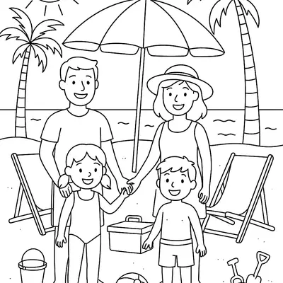Desenho de contorno de uma família (pai, mãe e dois filhos) sorrindo na praia, com um guarda-sol, cadeiras, coqueiros e um sol sorridente ao fundo.