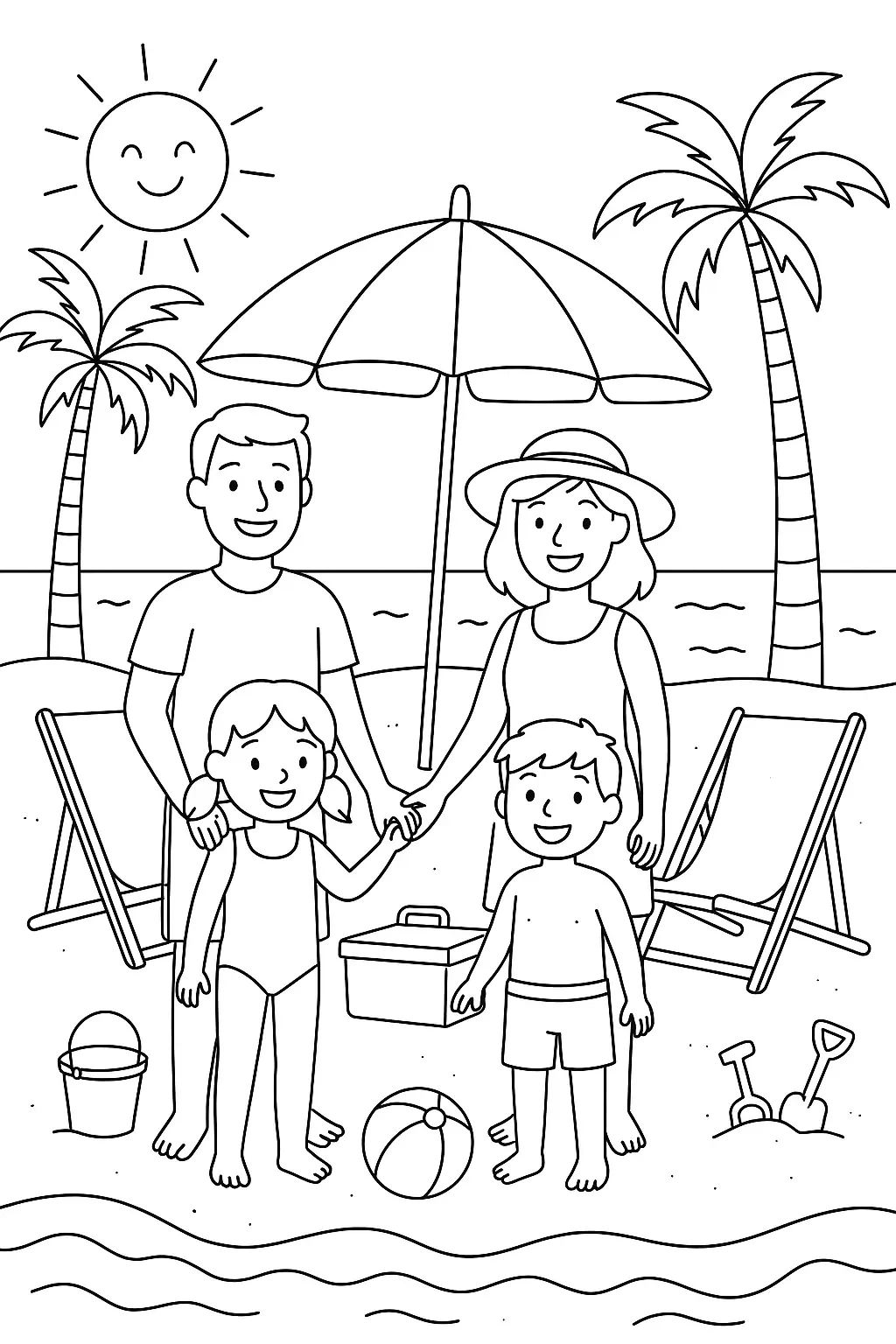 Desenho de contorno de uma família (pai, mãe e dois filhos) sorrindo na praia, com um guarda-sol, cadeiras, coqueiros e um sol sorridente ao fundo.