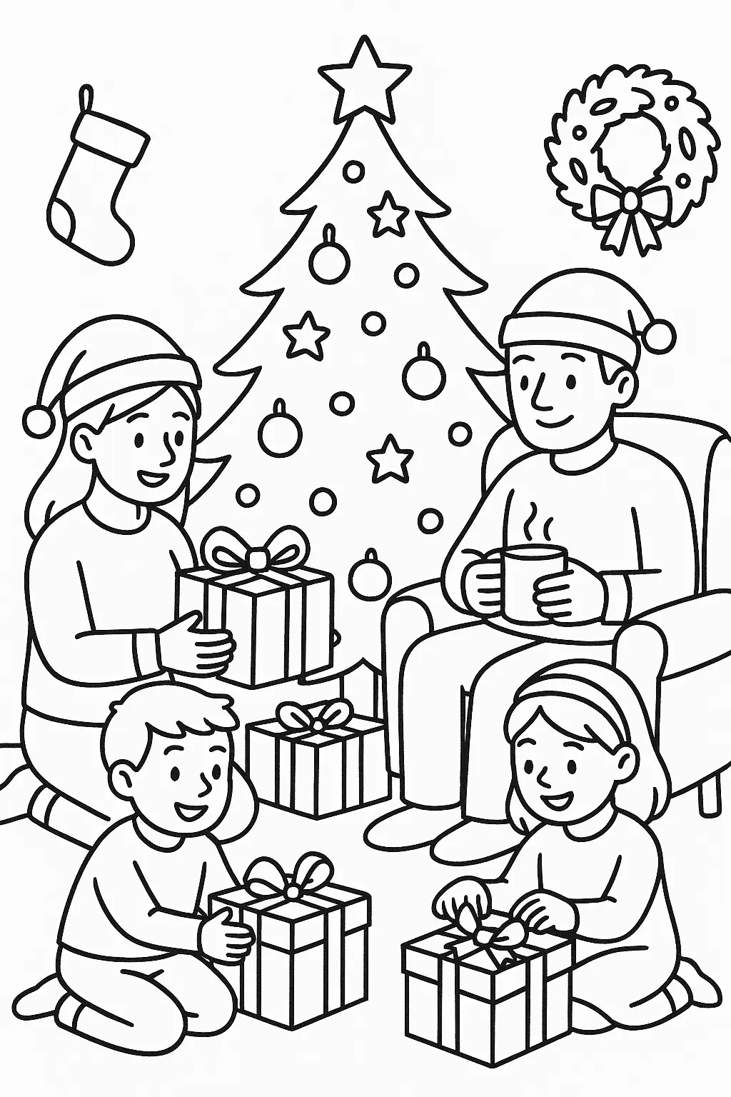 Desenho de contorno em preto e branco de um pai, uma mãe e duas crianças abrindo presentes de Natal em frente a uma árvore decorada com estrela e bolas.